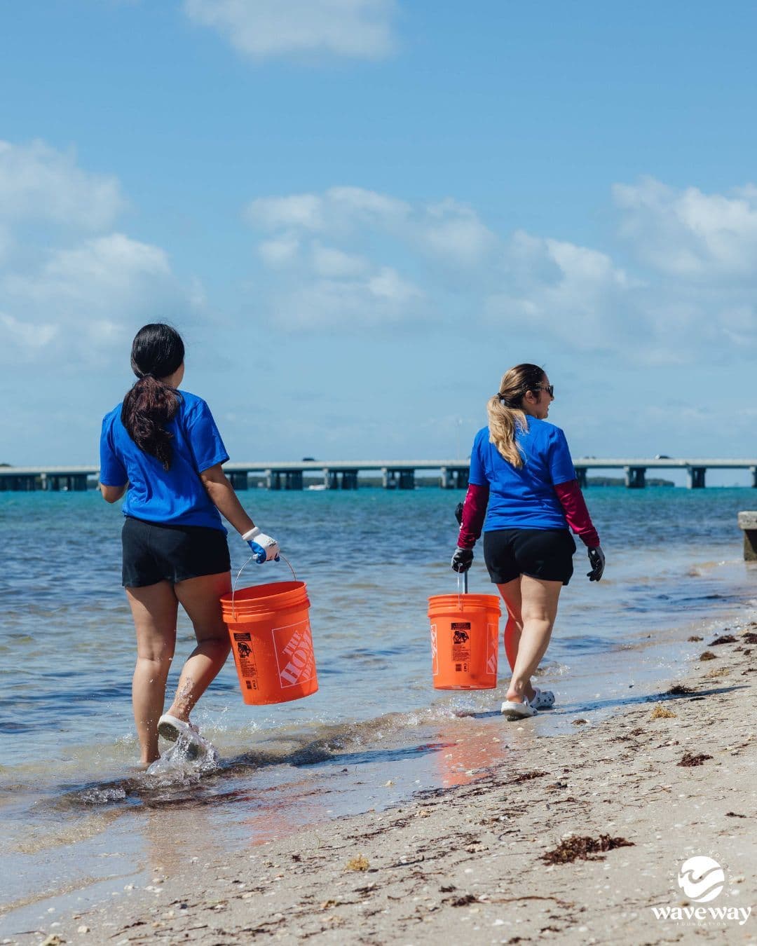 Volunteers walking with buckets on beach